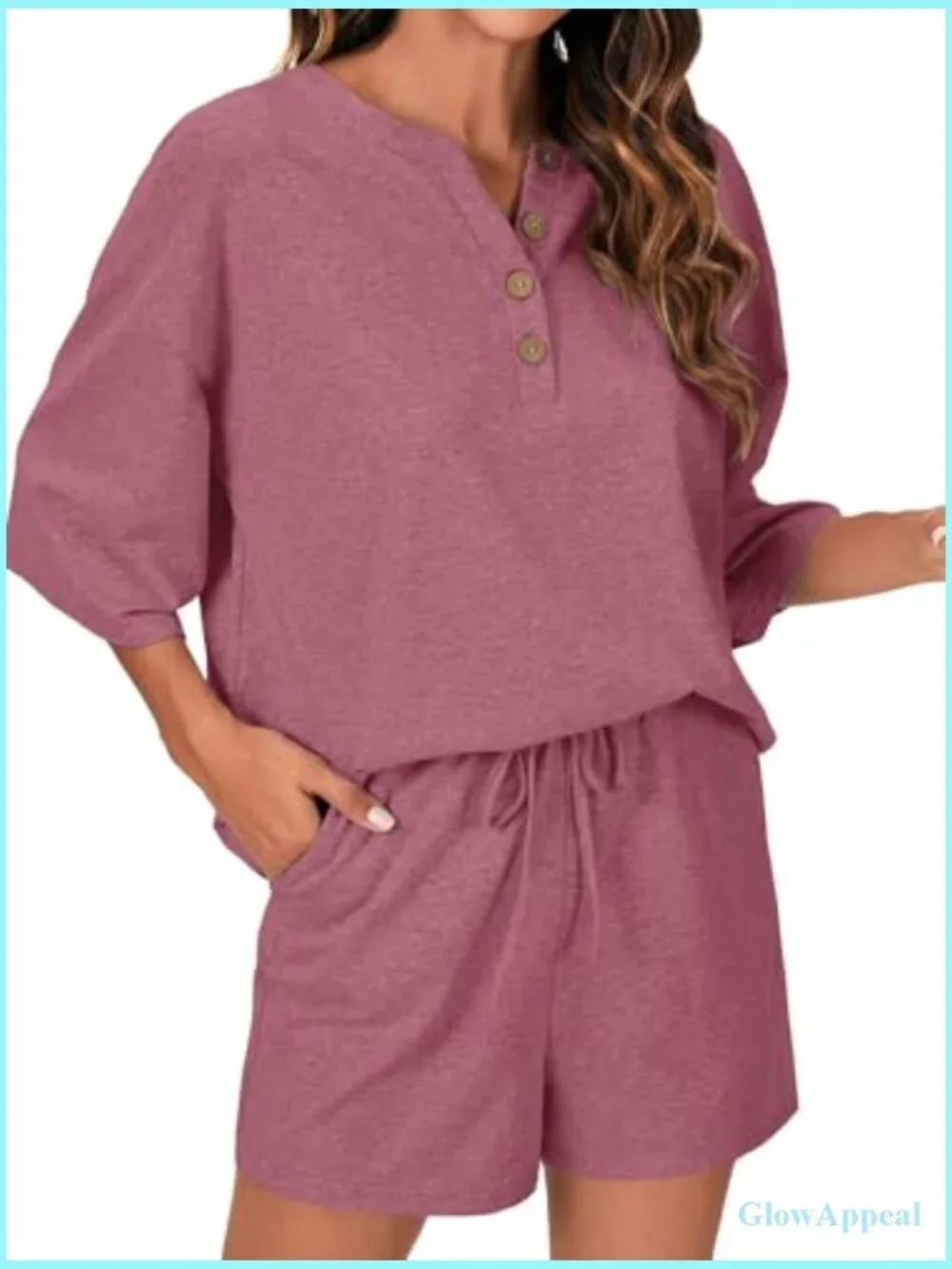 Women's 3/4 Sleeve Button Down Pajama Set with Shorts and Pockets